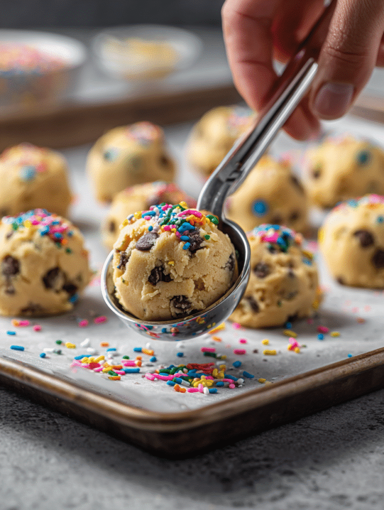 Scooping Halloween cookie dough onto tray
