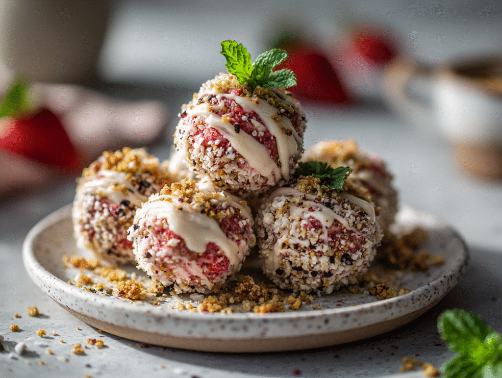 Served strawberry cheesecake protein balls