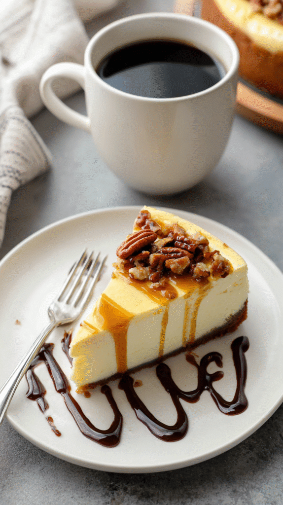 Slice of Apple Cider Cheesecake with drizzle