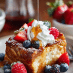 Slice of Vanilla Bean French Toast Bake with toppings