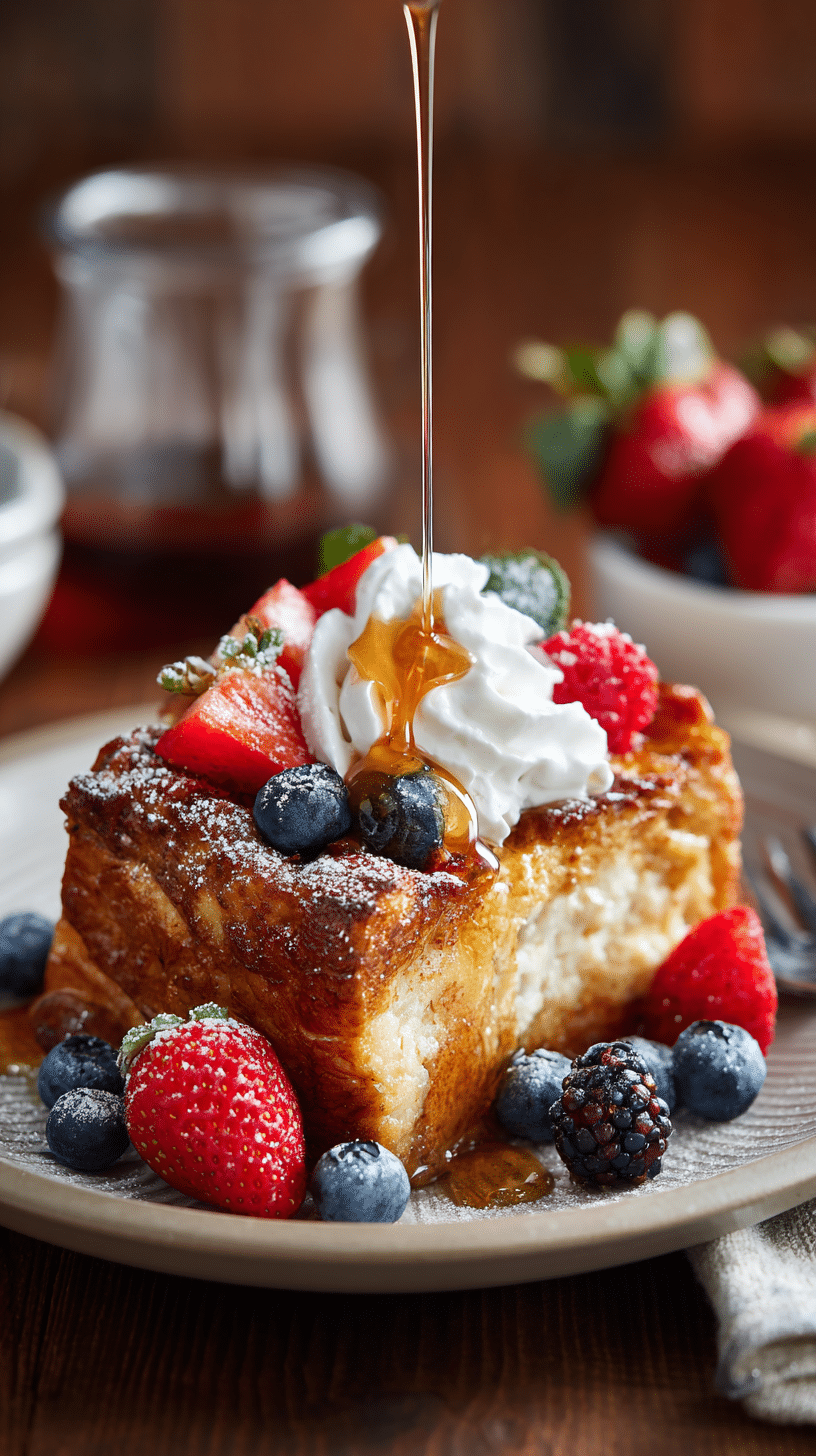 Slice of Vanilla Bean French Toast Bake with toppings