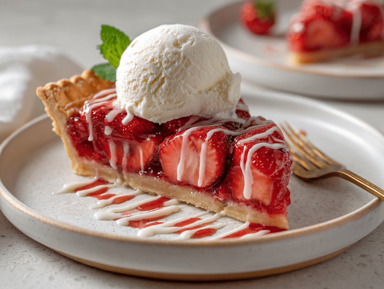 Slice of strawberry Pop-Tart pie served with ice cream
