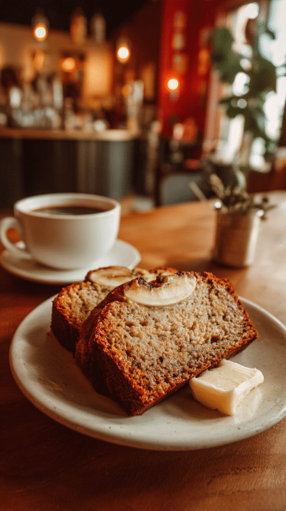 Sliced banana bread on a serving plate with butter, coffee cup nearby, cozy café-style setting, warm golden lighting