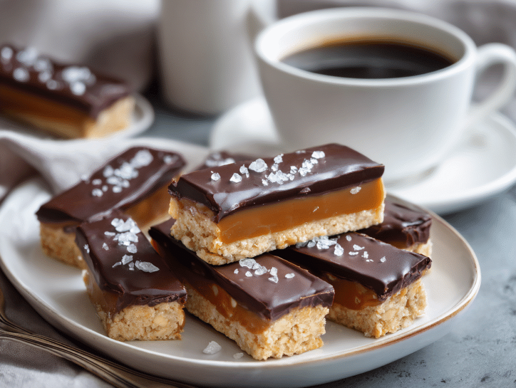 Sliced healthy Twix bars with chocolate and caramel layers served on plate