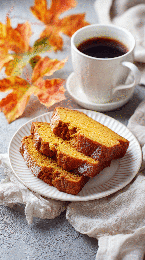 Serving moist pumpkin bread with coffee