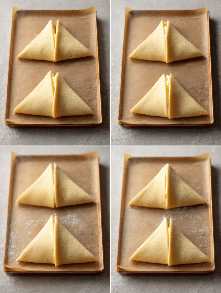 Unbaked crescent rolls filled with cream cheese on baking sheet