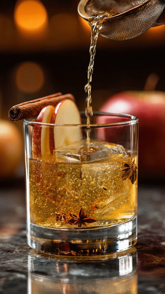 Straining the cocktail into a rocks glass