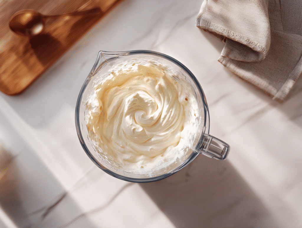 Blended cottage cheese and maple syrup in a blender