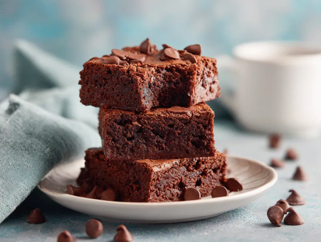 serving fudgy chocolate chip brownies on plate