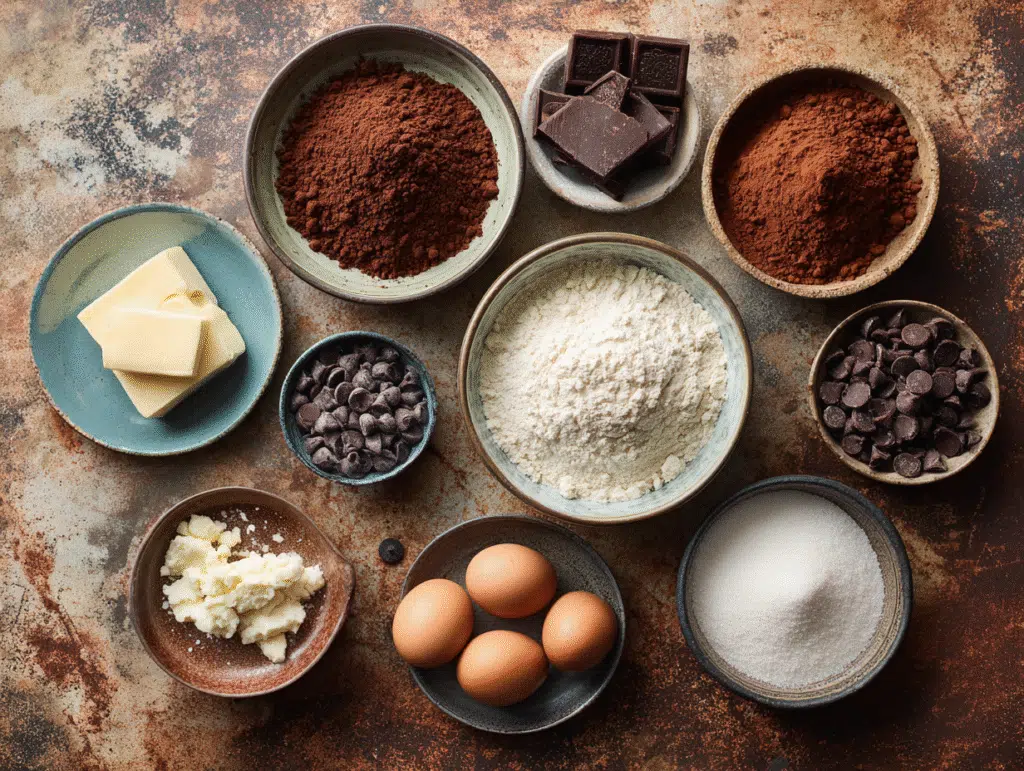 ingredients for chocolate chip brownies with cocoa powder