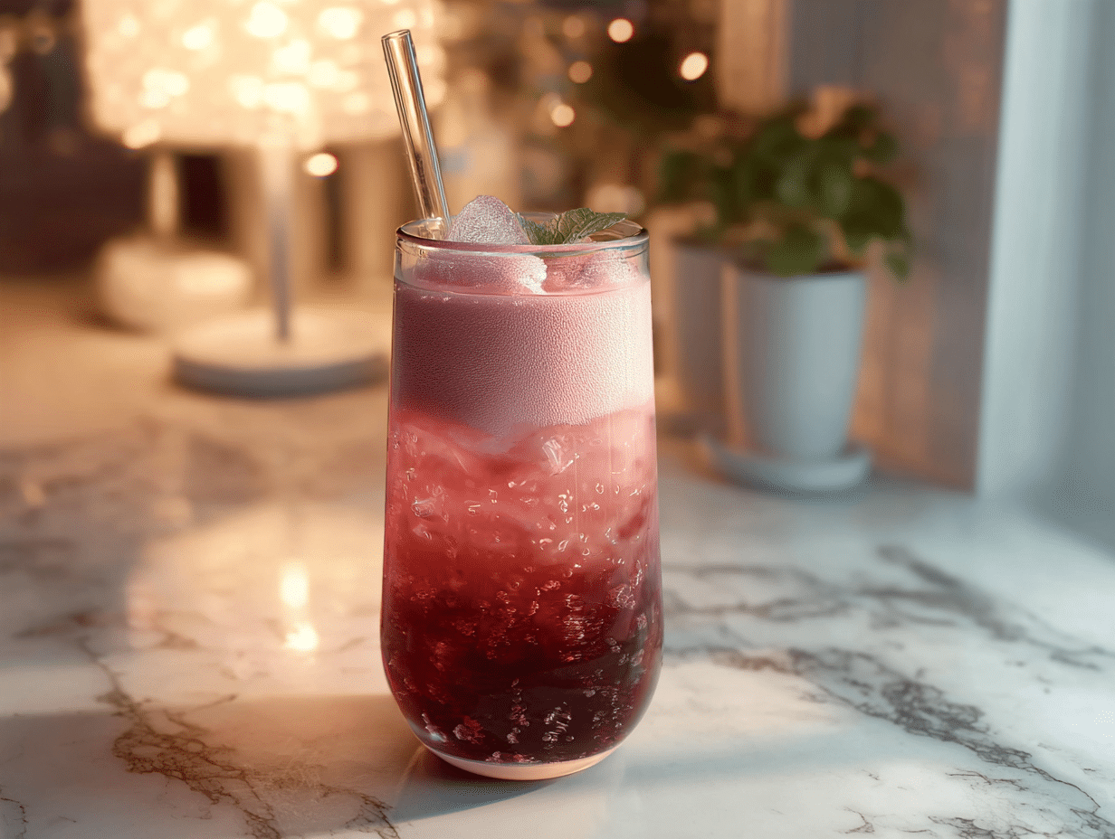 Sleepy Girl Mocktail in tall glass with cherry juice and fizz