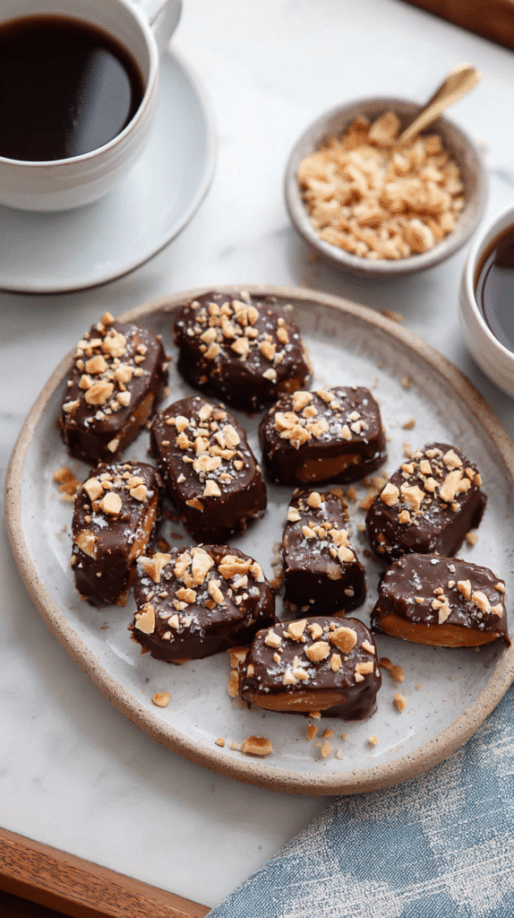 Date Snickers served on a tray with coffee