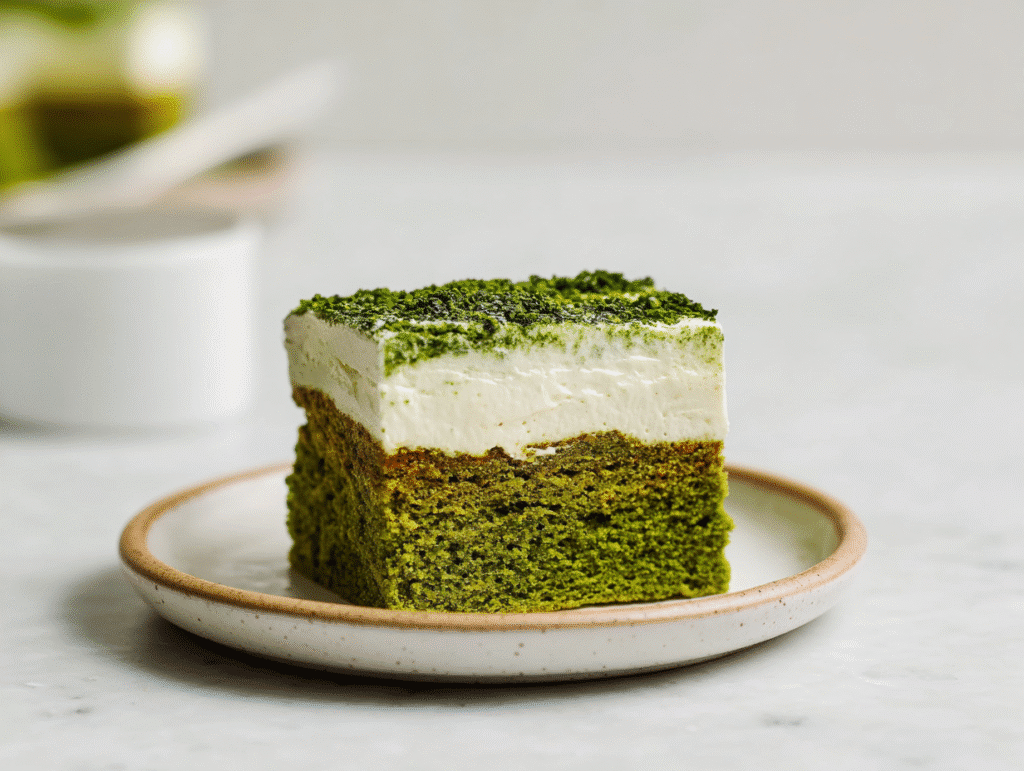Serving slice of matcha cake