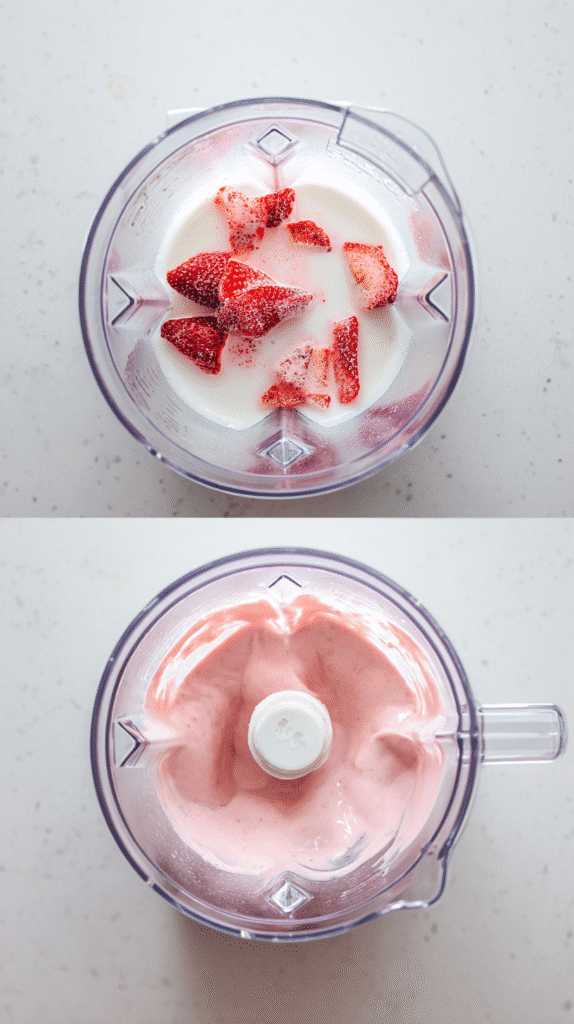 blending strawberry cream for matcha latte