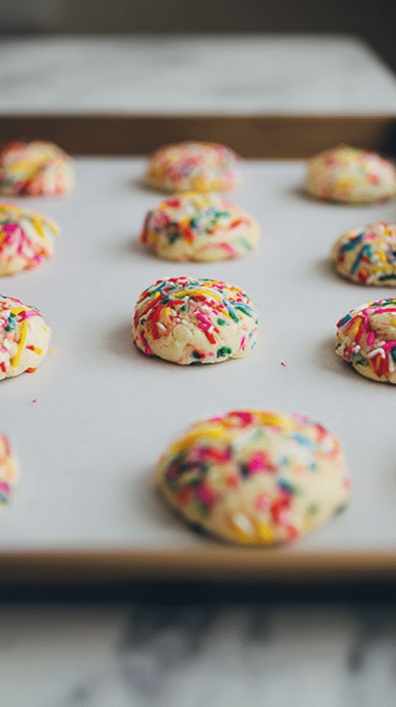 Funfetti cookie dough scoops on baking sheet
