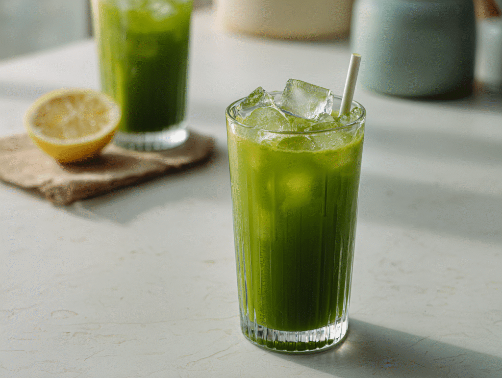 matcha lemonade recipe in glass with ice
