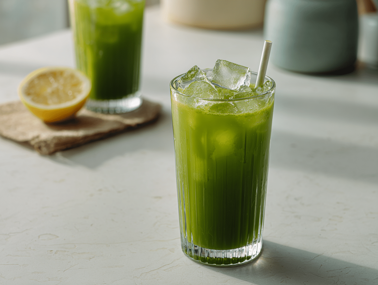 matcha lemonade recipe in glass with ice