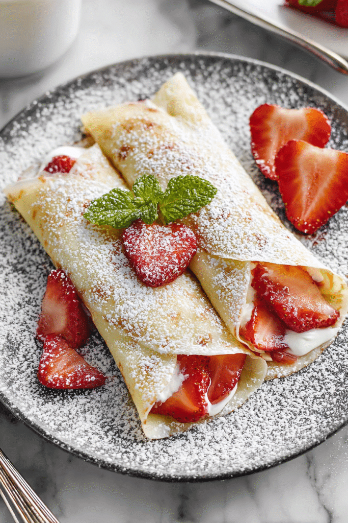 Strawberry crêpes served with powdered sugar and mint
