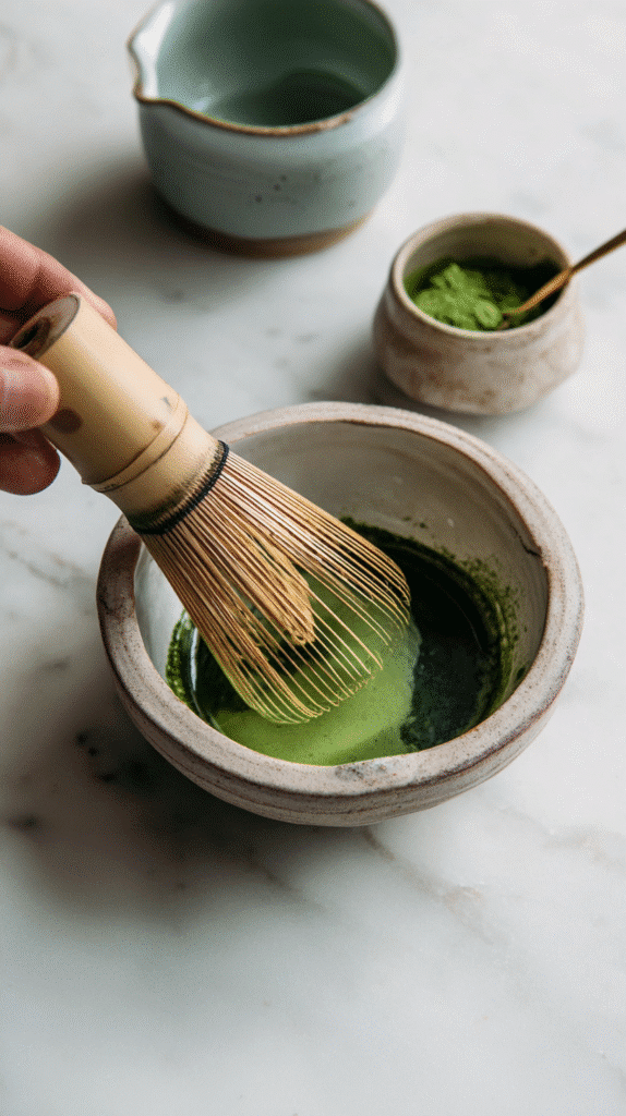 whisking matcha for iced latte
