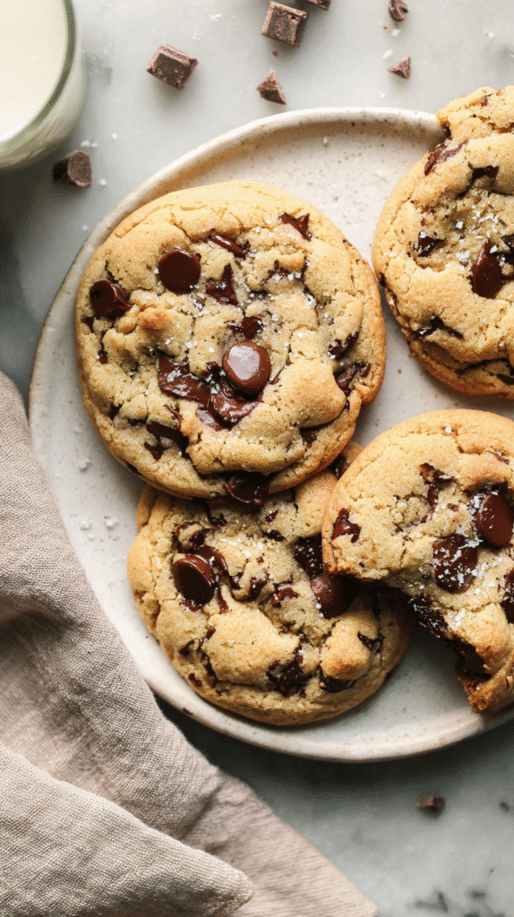 vegan chocolate chip cookies served with oat milk