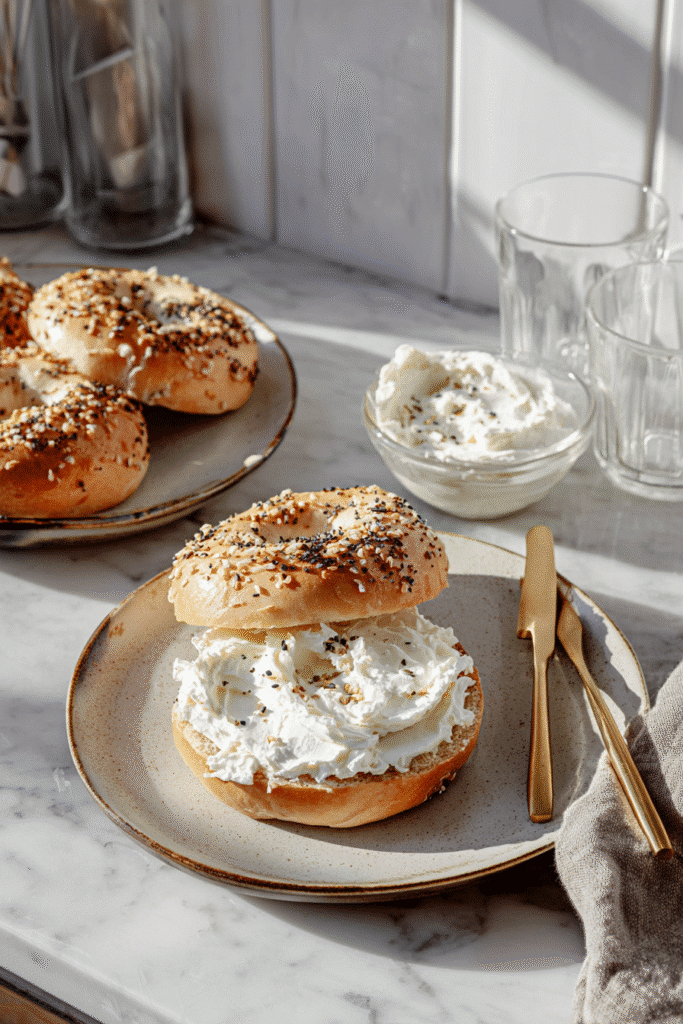 Cottage cheese bagels served with toppings