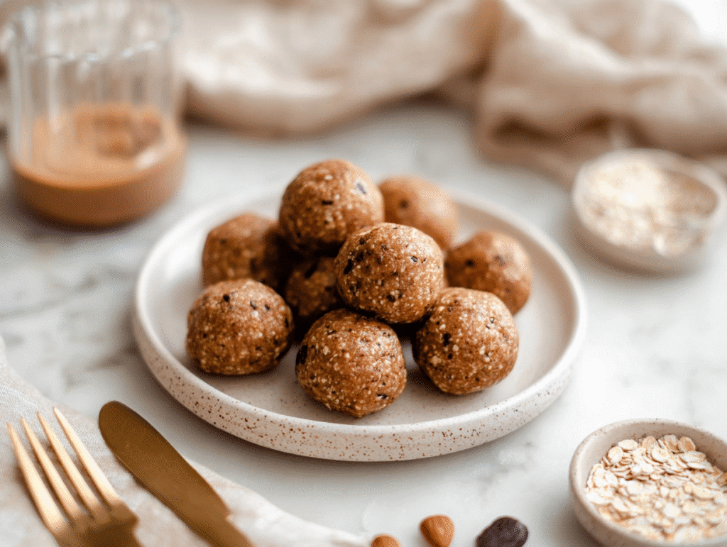 Almond Butter Protein Balls on white plate