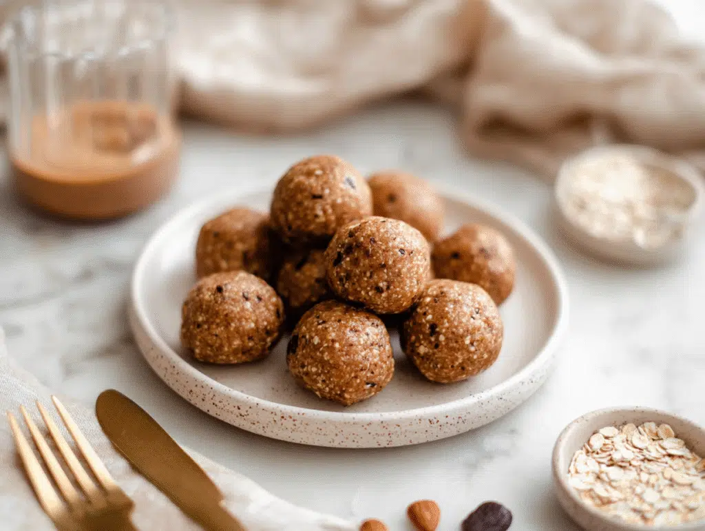 Almond Butter Protein Balls on white plate