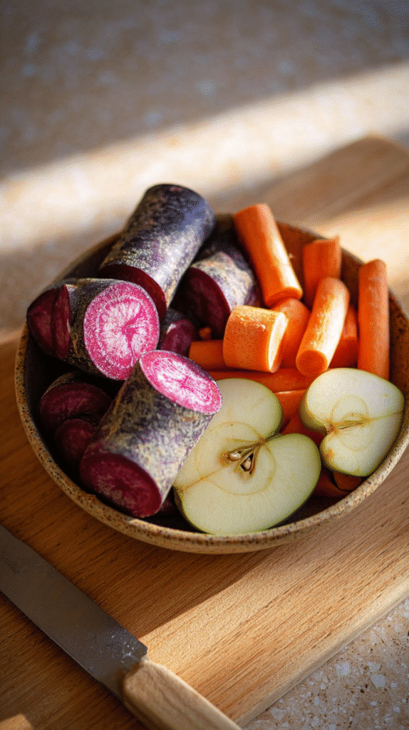 Chopping ingredients for purple juice recipe