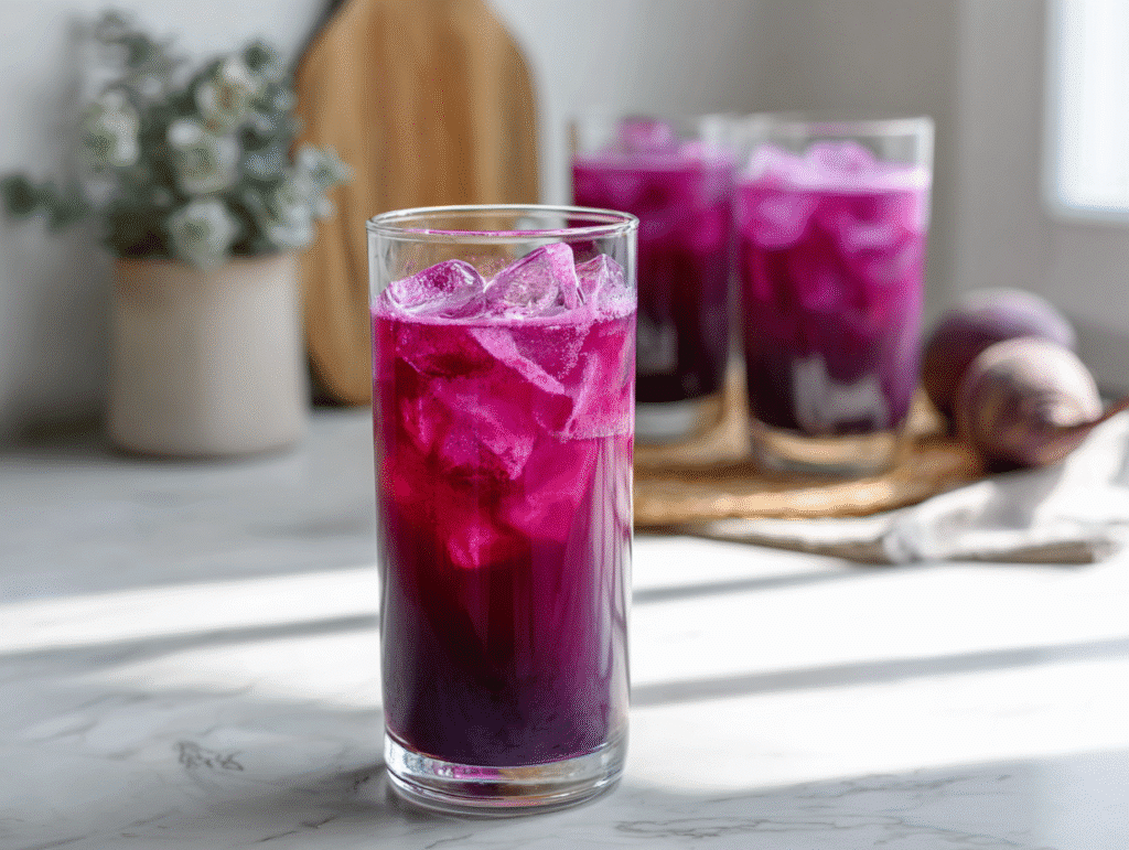 Purple juice recipe in glass with basil garnish