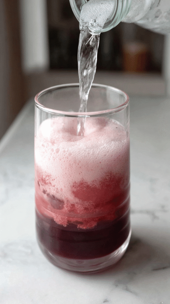 Pouring sparkling water into Sleepy Girl Mocktail