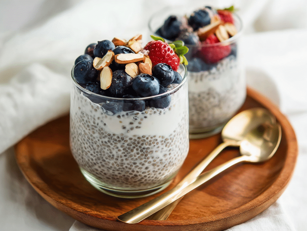 chia seed pudding served in jar with fruit