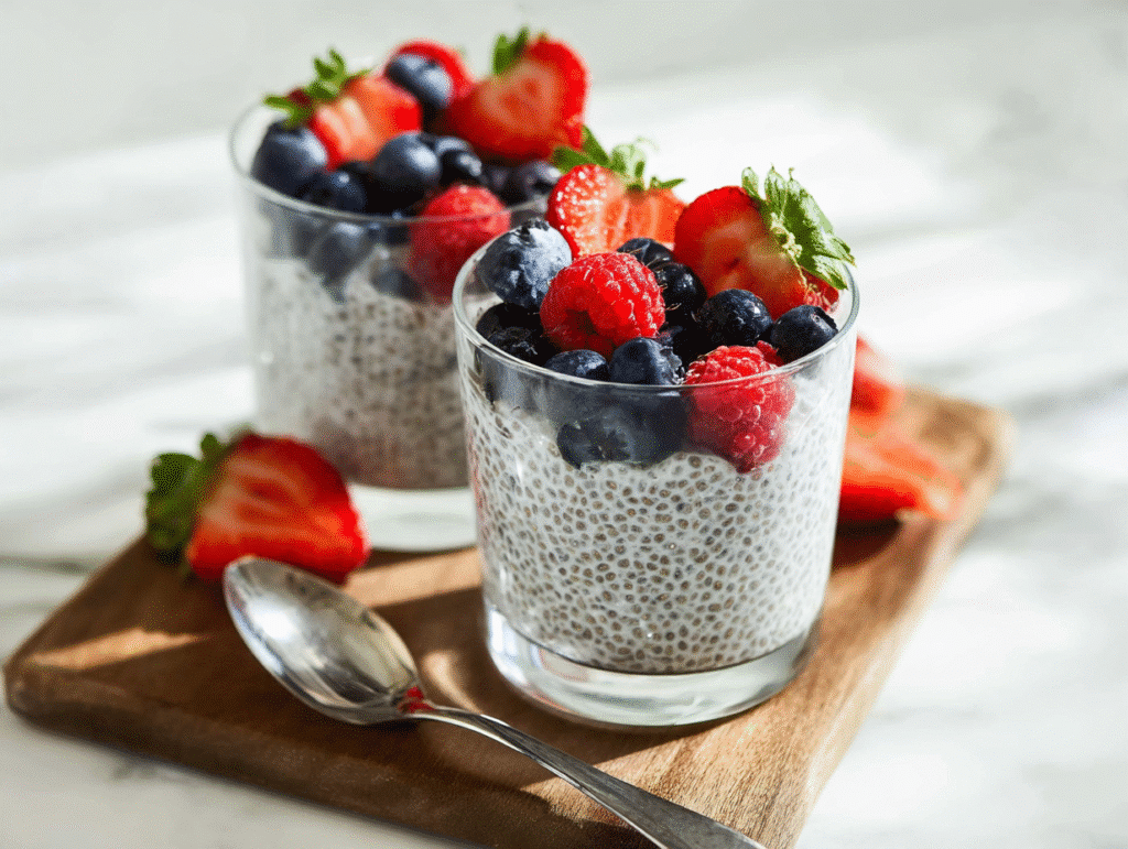 chia seed pudding with coconut milk topped with fruit