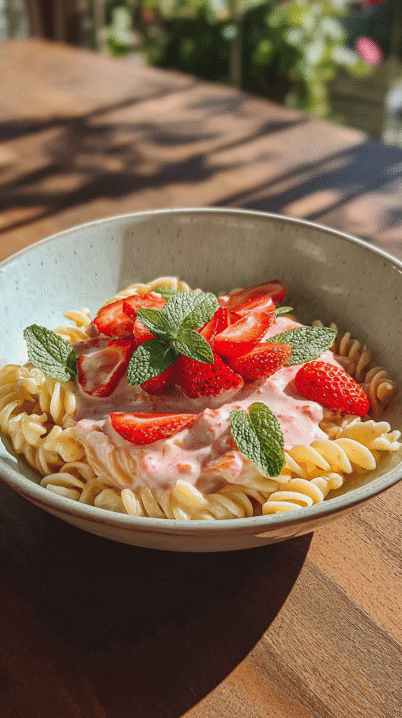 Serving Makaron Z Truskawkami with mint and strawberries