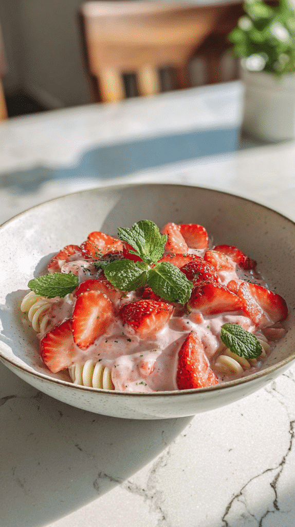 Mixing pasta with strawberry yogurt sauce