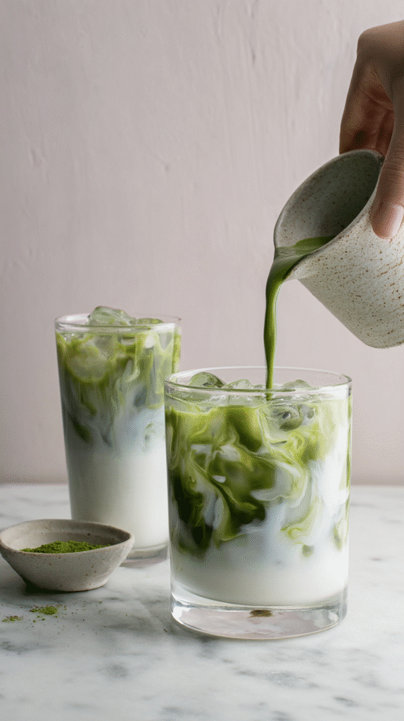 pouring matcha over iced milk