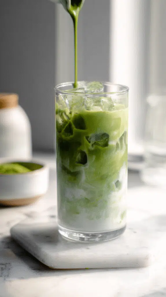 pouring iced matcha latte