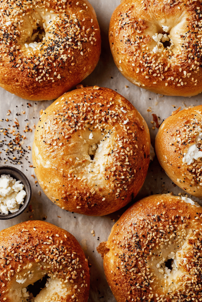 Close-up of sliced cottage cheese bagel