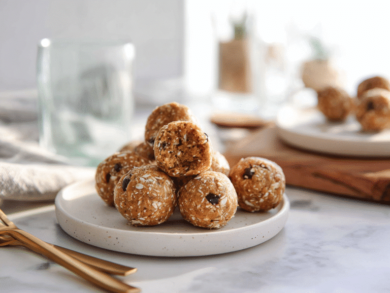 Peanut butter protein balls on a rustic kitchen plate