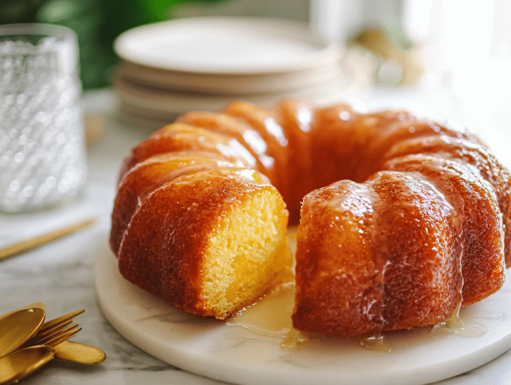 pineapple juice cake on white marble countertop