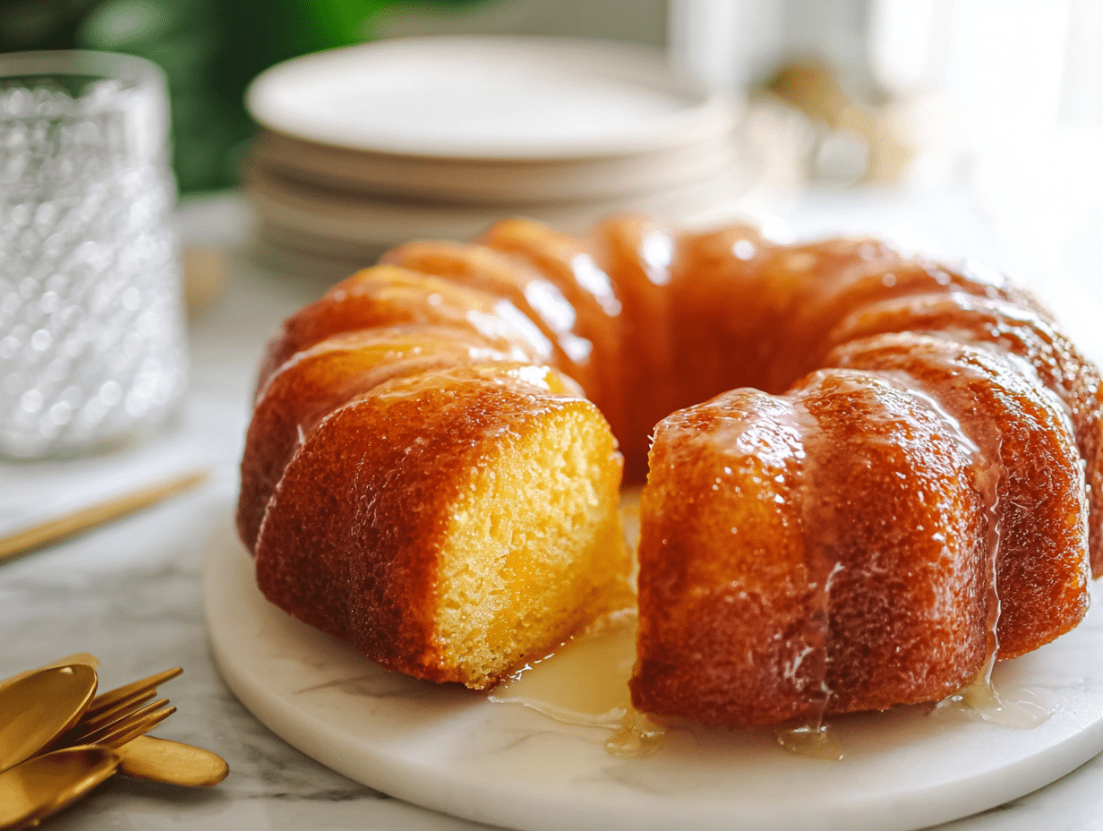 pineapple juice cake on white marble countertop