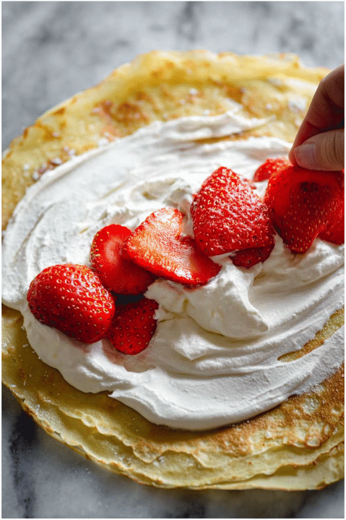 Filling strawberry crêpe with whipped cream and berries
