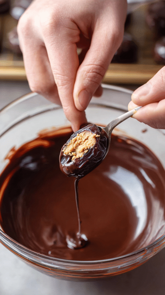 Dipping stuffed dates into melted chocolate for Date Snickers