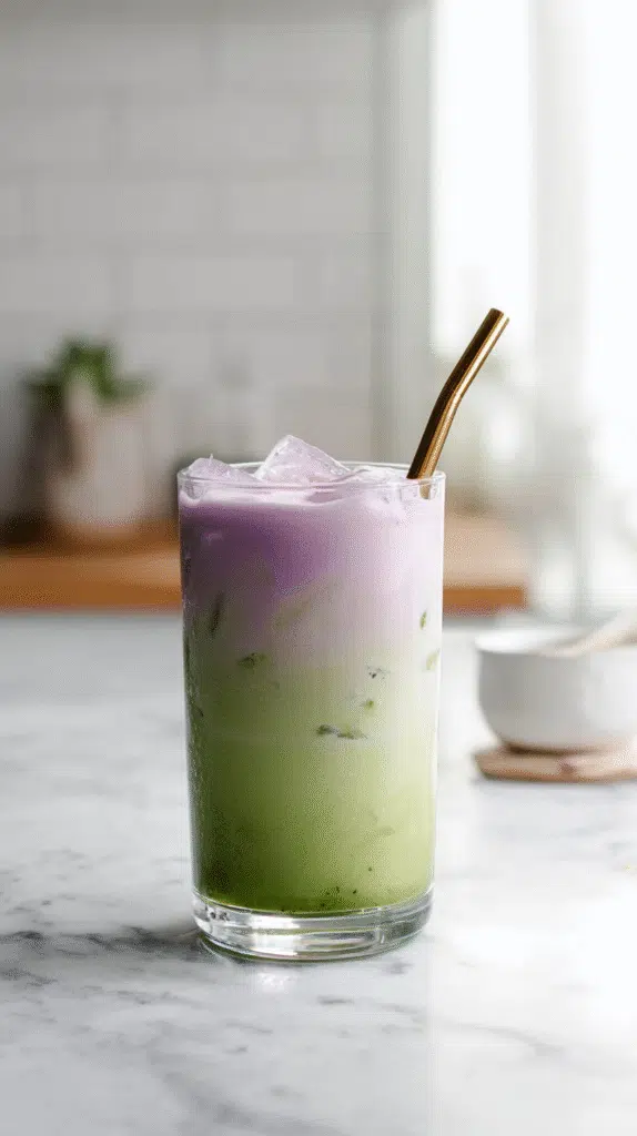 iced lavender matcha latte with lavender foam