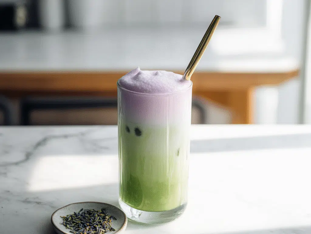 iced lavender matcha latte drink