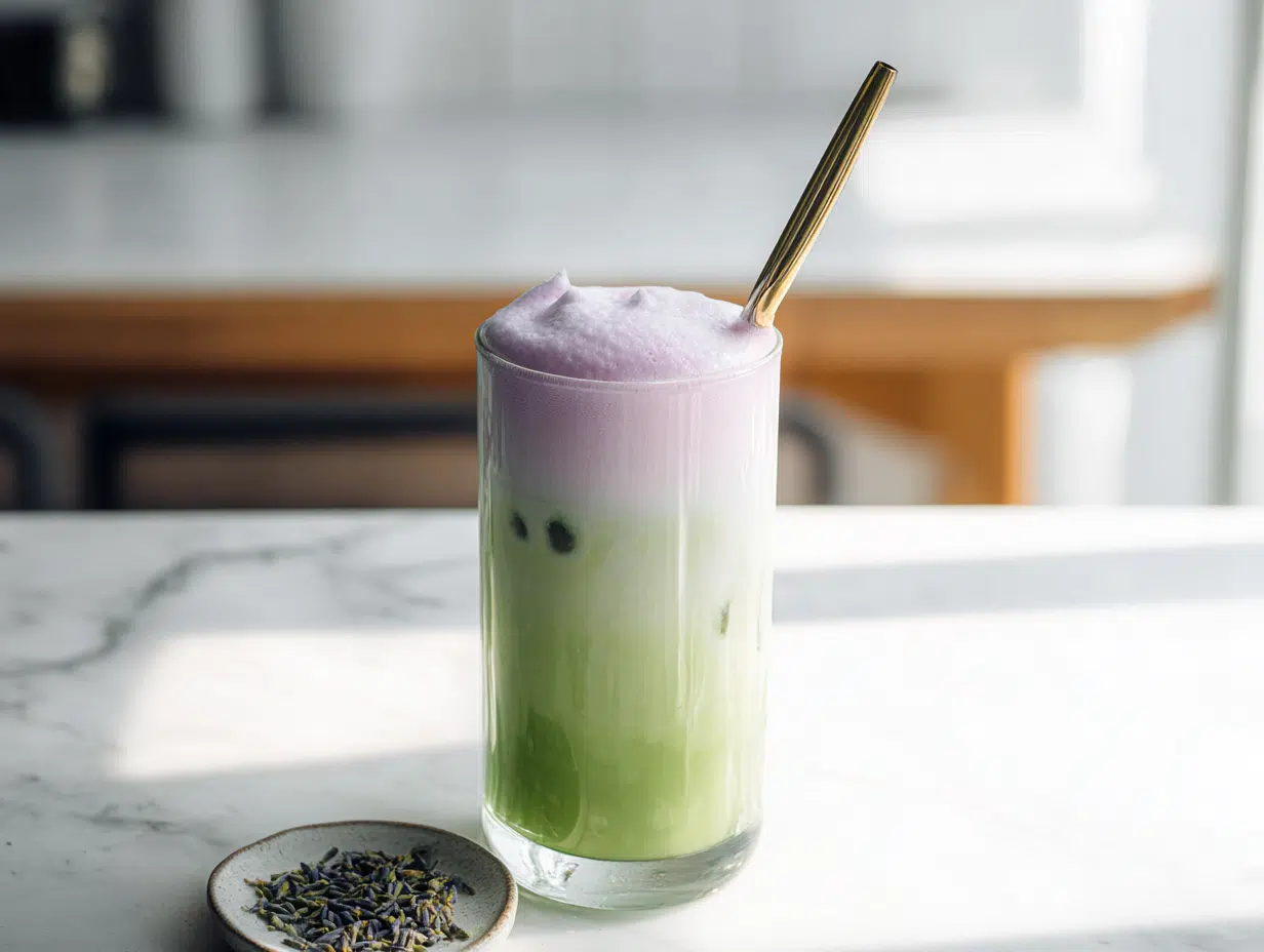 iced lavender matcha latte drink