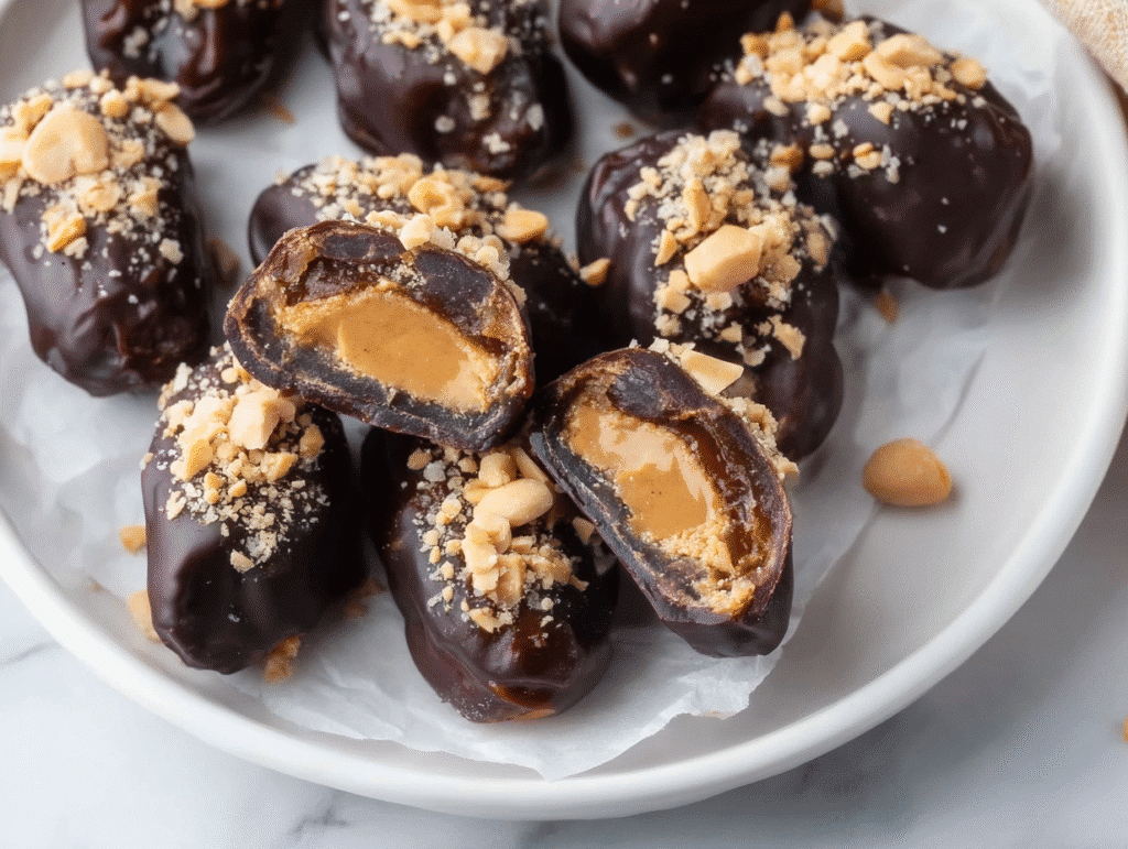 Date Snickers on a rustic plate with chocolate and peanuts