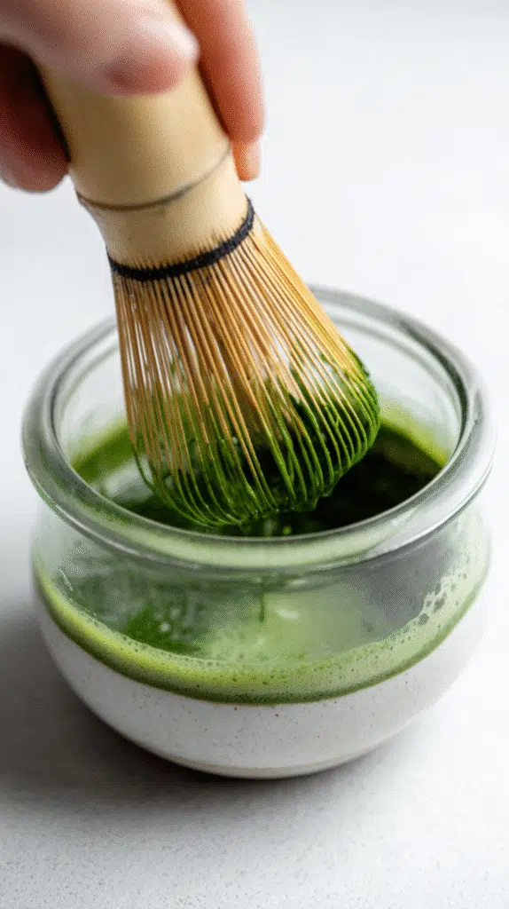 whisking matcha for latte