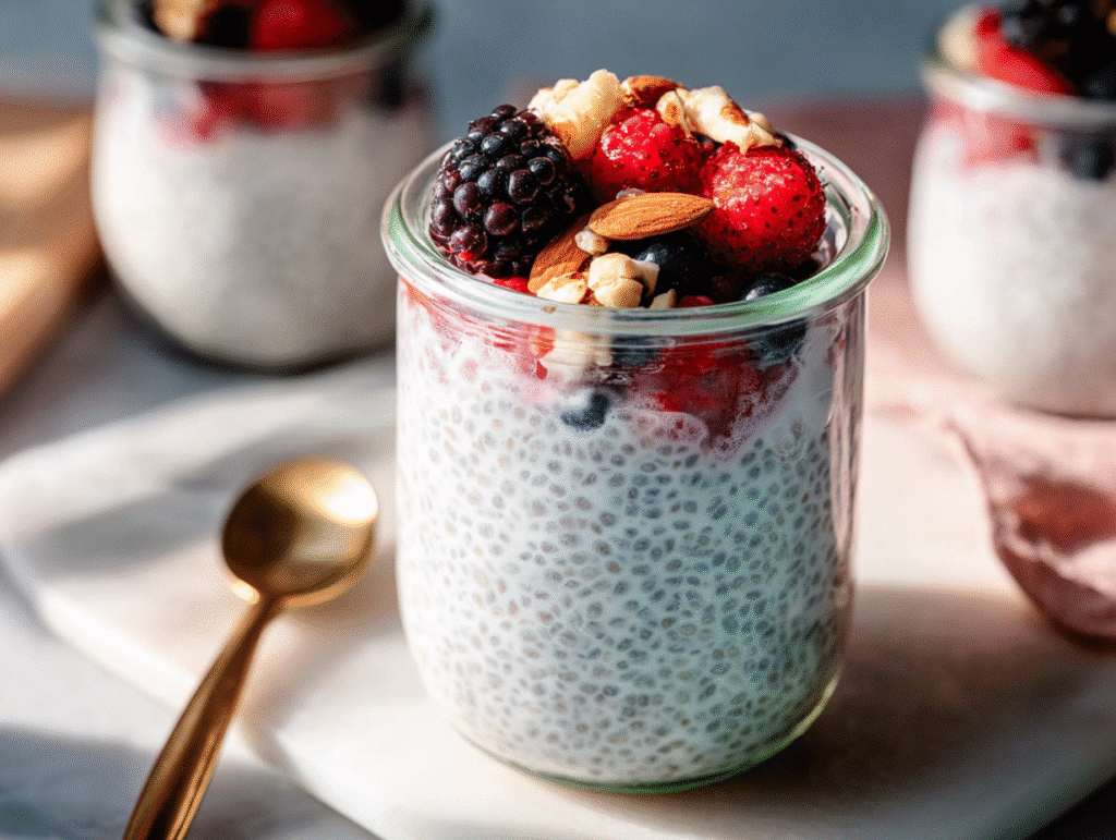 Chia pudding with yogurt in jar topped with berries