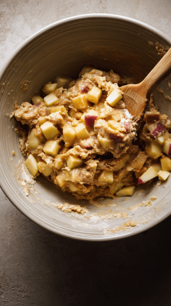 Mixing apple fritter bread batter with apples