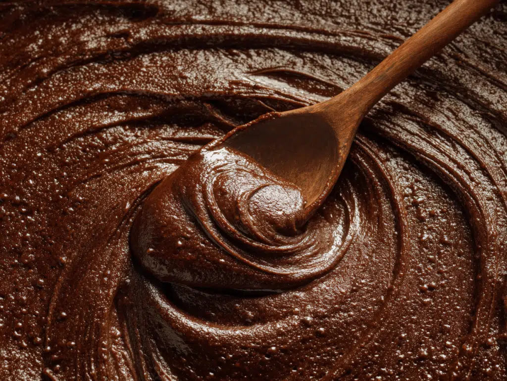chocolate brownie batter in 9x13 baking pan